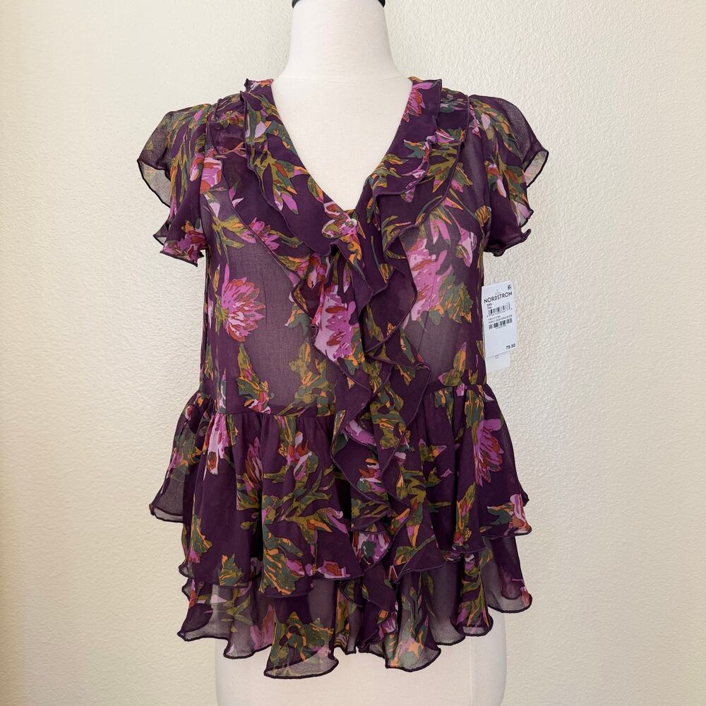 Treasure & Bond Sheer floral print ruffle blouse top Purple Green Farrah Bloom